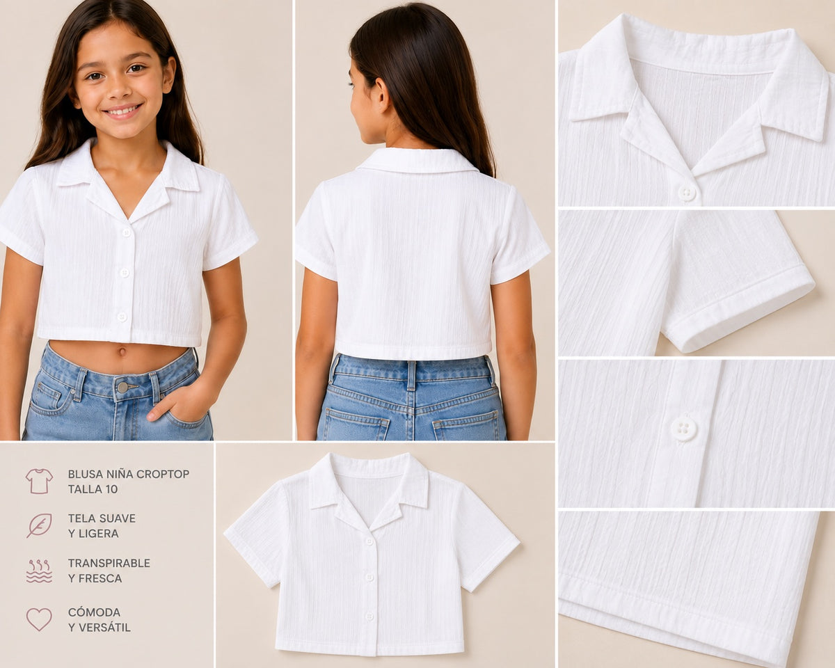 🤍 Blusa Croptop Niña – Talla 10