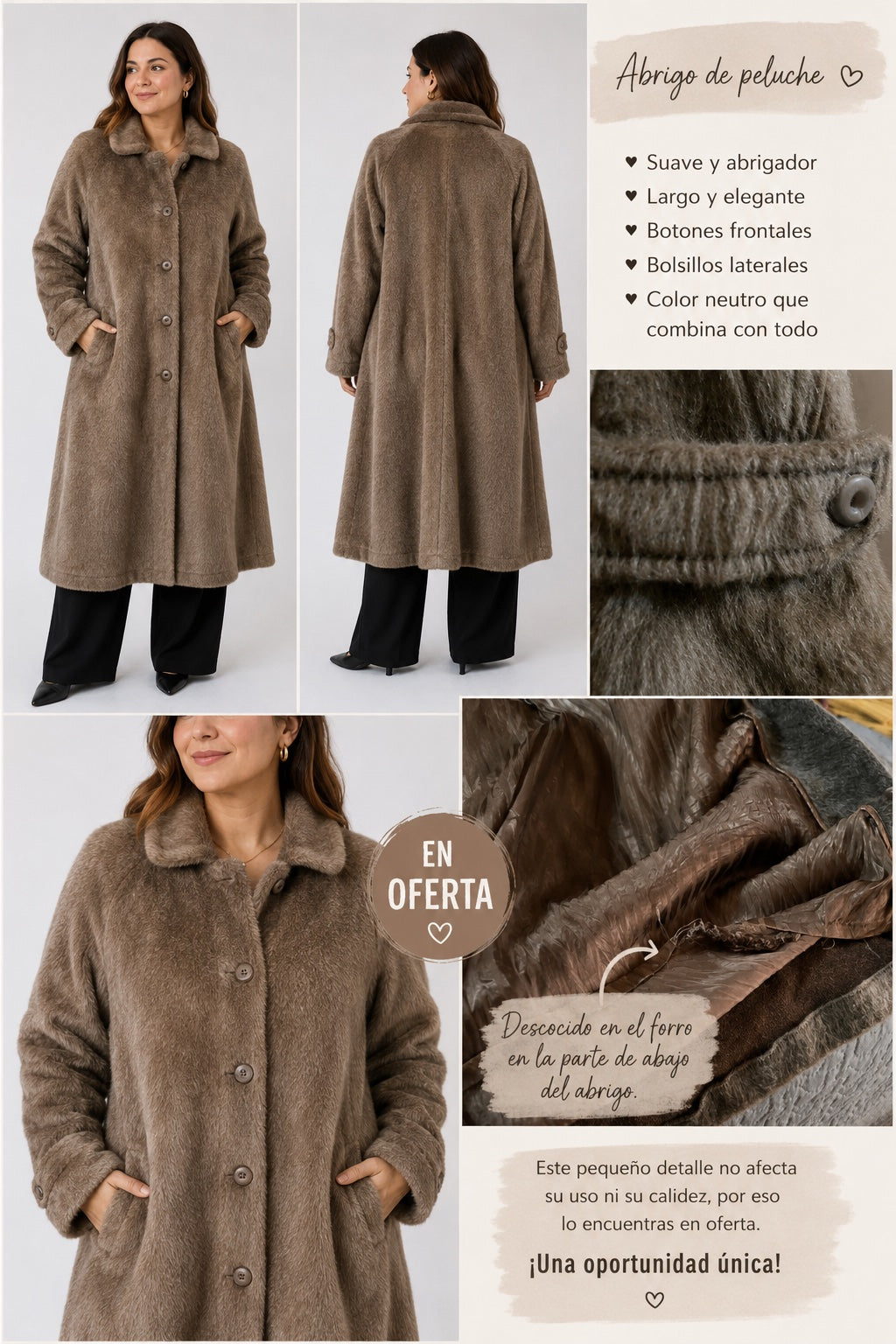 🤎 Abrigo de Peluche Café Taupe – Talla 42