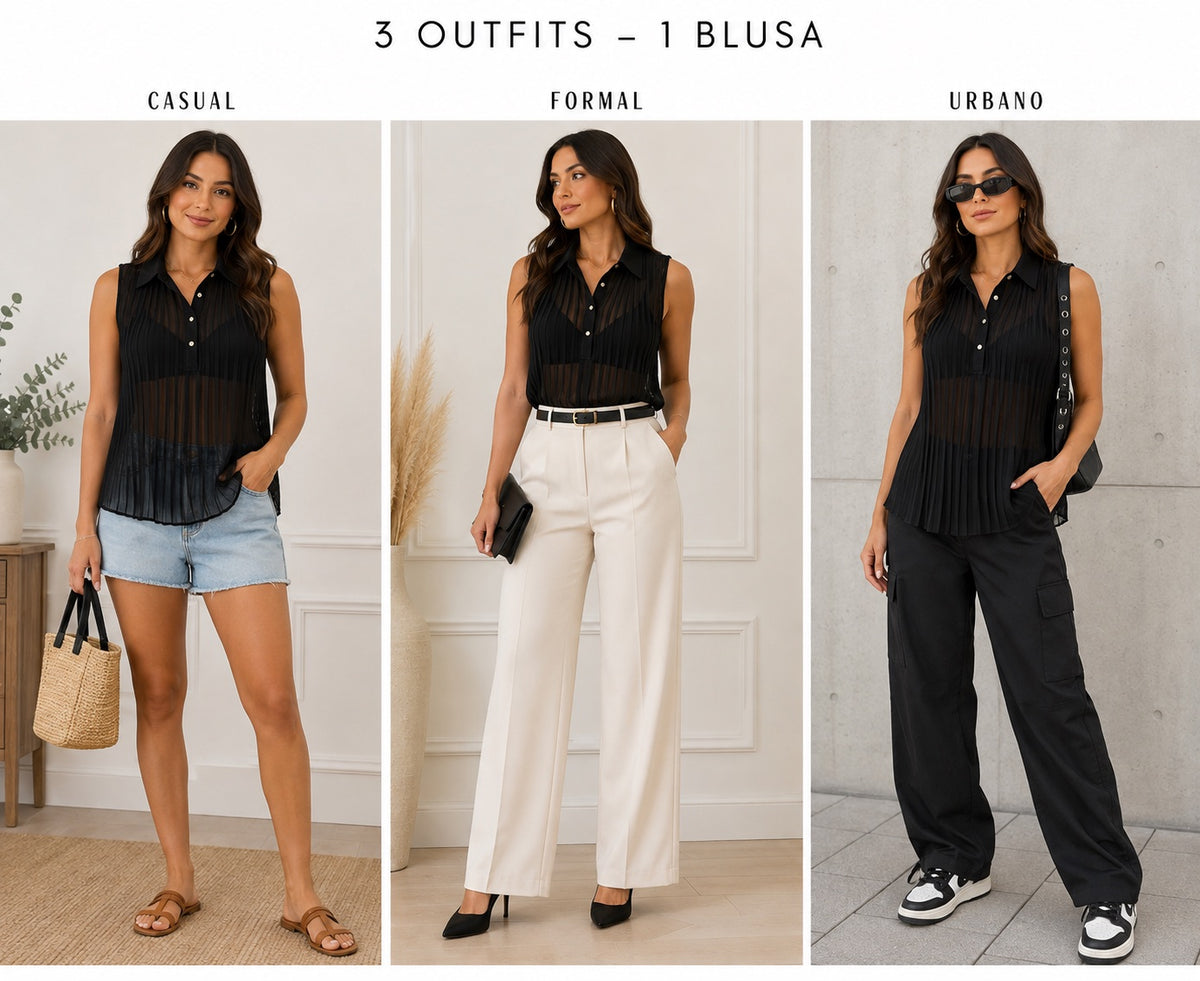 Blusa Negra Plisada Semitransparente