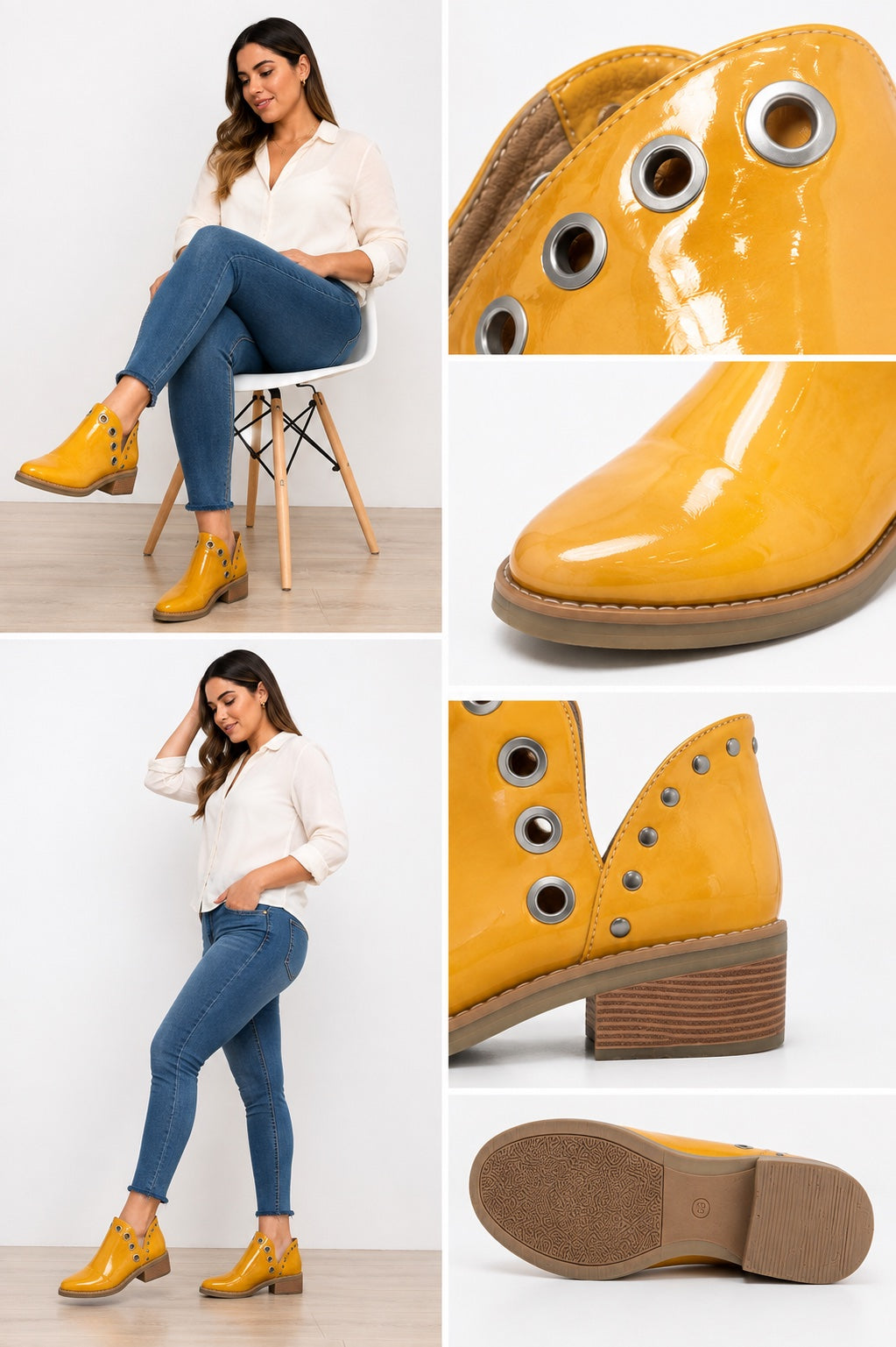 Botín Mujer Amarillo Mostaza Charol con Ojales Metálicos – Talla 38
