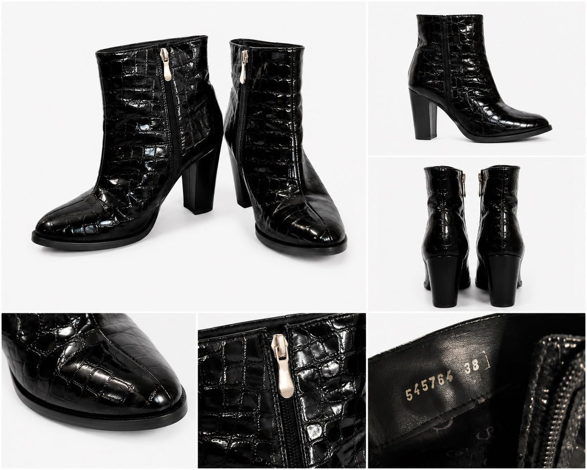 🖤 Botines negros efecto croco con tacón — Talla 38
