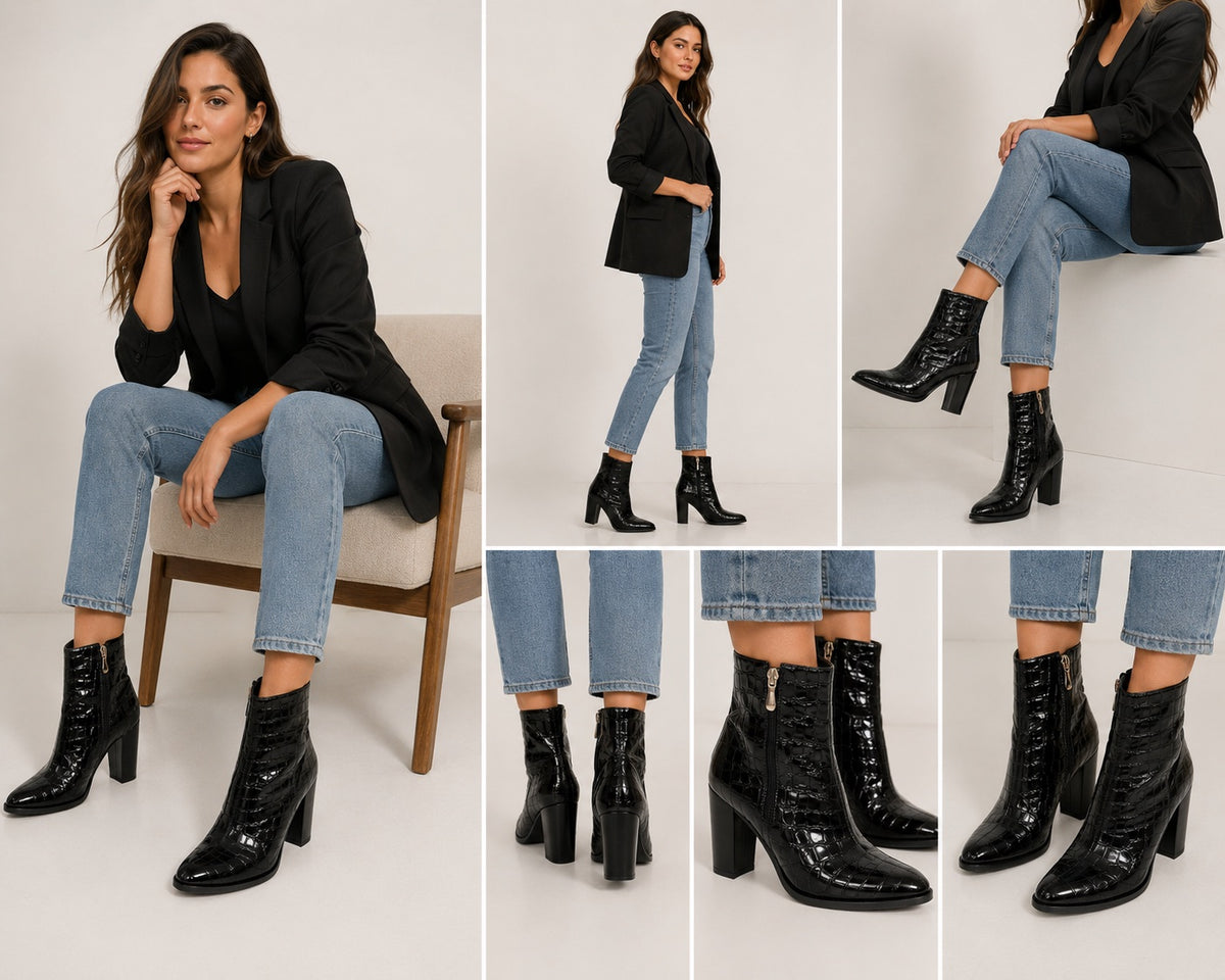 🖤 Botines negros efecto croco con tacón — Talla 38