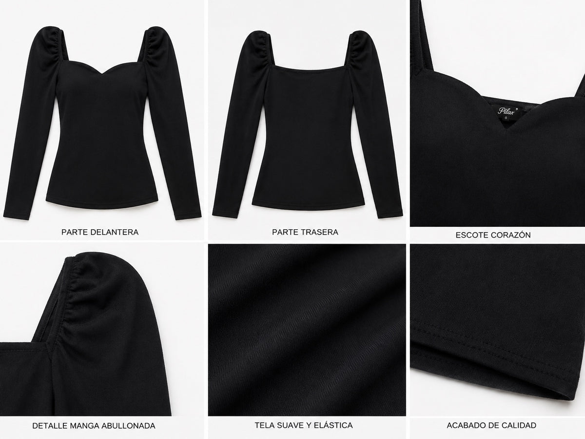 Camiseta Negra Escote Corazón Manga Larga – Talla L