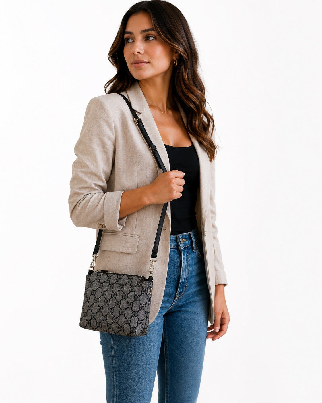 Carterita Bandolera Gris con Estampado Monograma