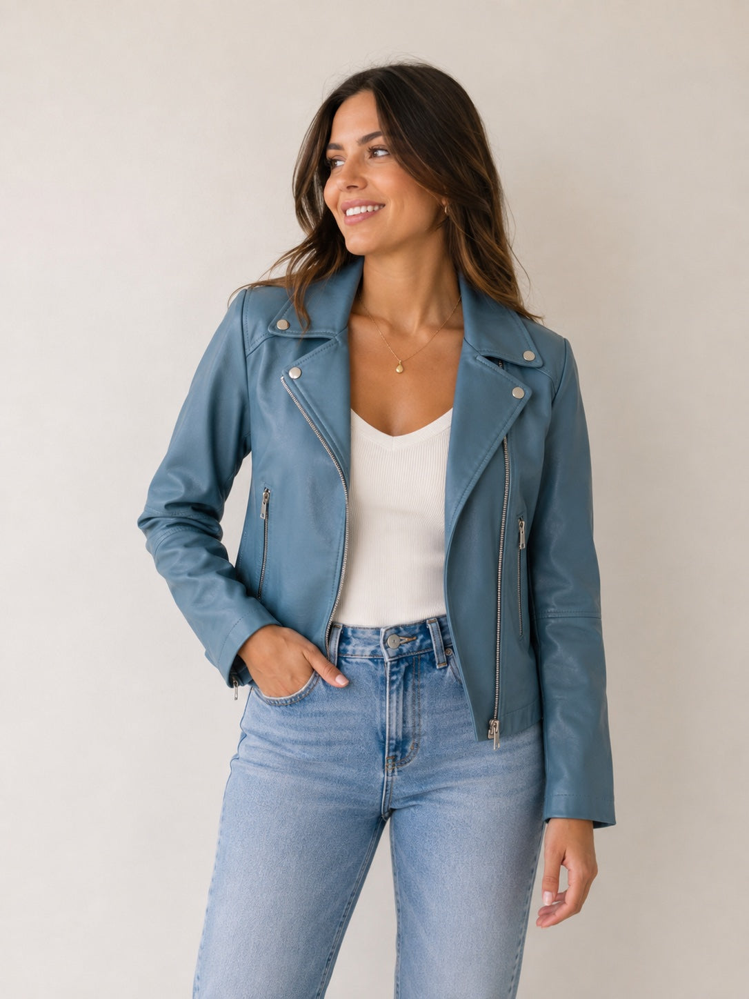 Chaqueta biker de ecocuero celeste – BASEMENT | Talla M