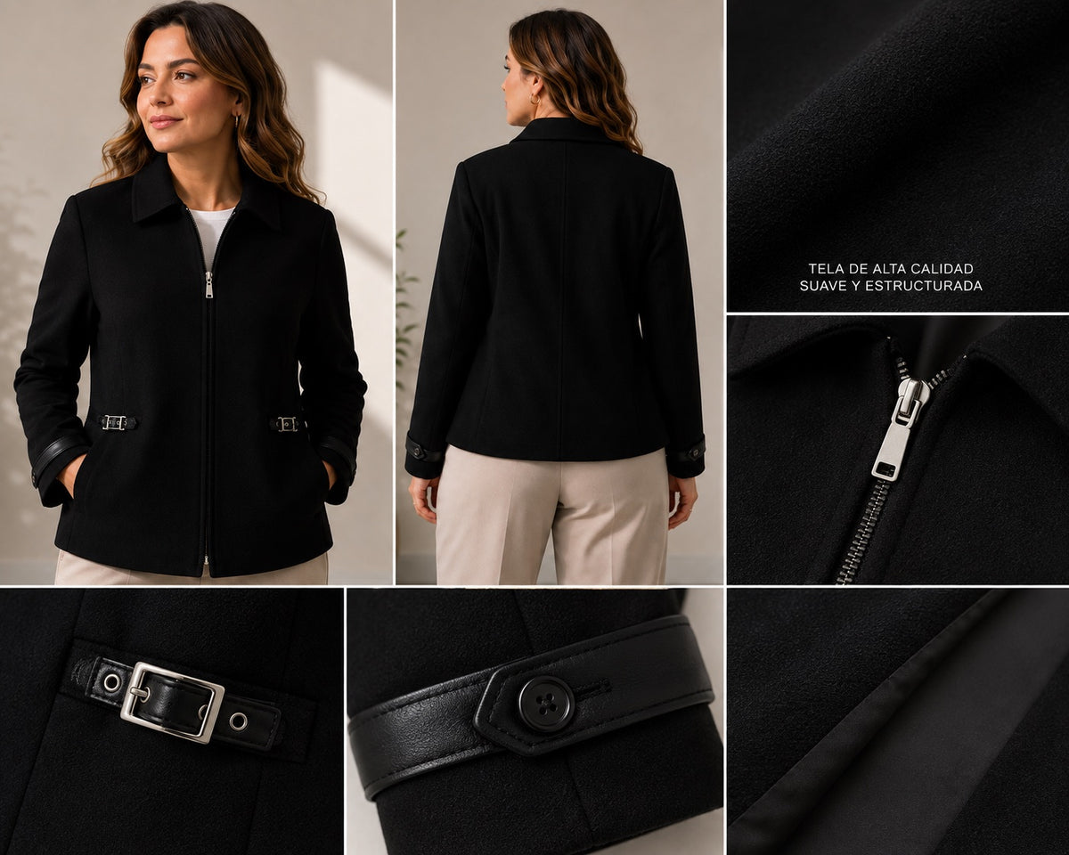 Chaqueta Formal Negra con Cierre y Detalles en Cuero – Talla 44