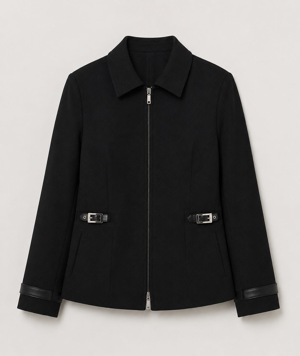 Chaqueta Formal Negra con Cierre y Detalles en Cuero – Talla 44