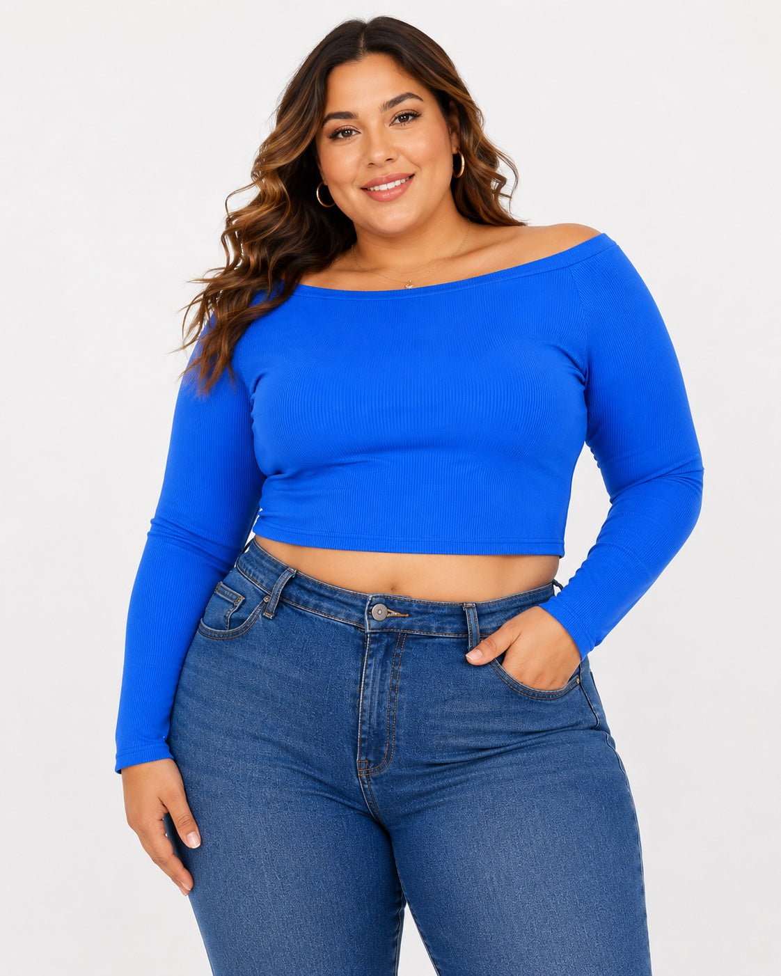 Crop Top Azul Eléctrico Elasticado Manga Larga