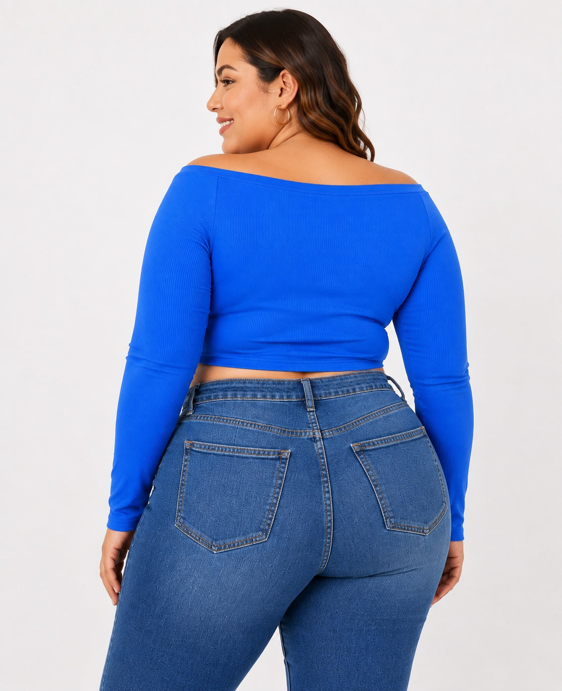 Crop Top Azul Eléctrico Elasticado Manga Larga