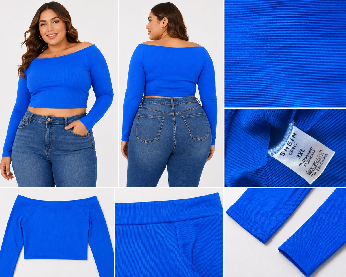 Crop Top Azul Eléctrico Elasticado Manga Larga