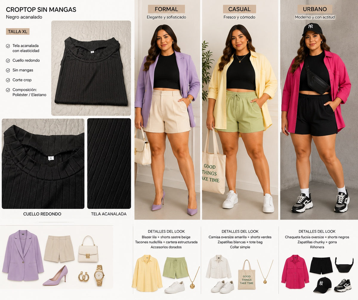 Crop Top Acanalado Negro — Talla XL