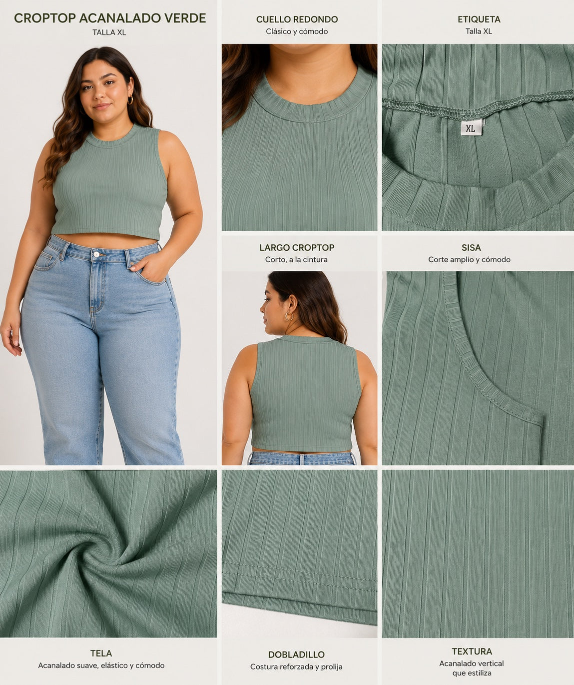 Crop Top Acanalado Verde Salvia — Talla XL