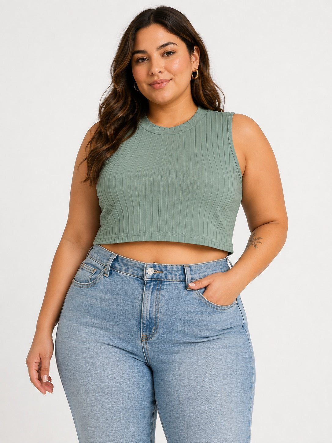 Crop Top Acanalado Verde Salvia — Talla XL