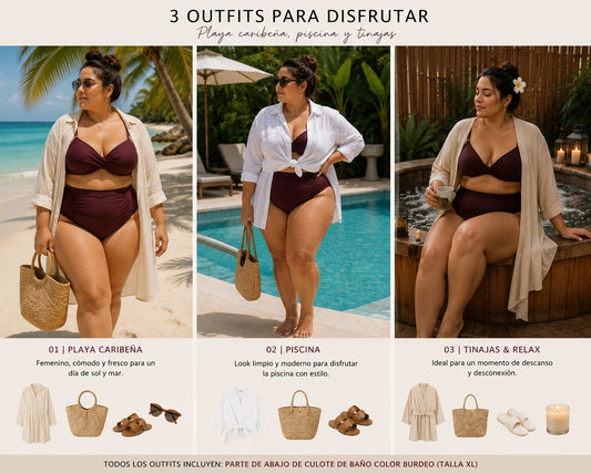 Culote de baño burdeo de tiro alto – Talla XL