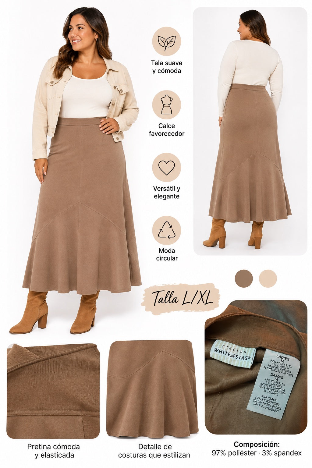 🤎 Falda Larga Camel White Stag – Talla XL aprox