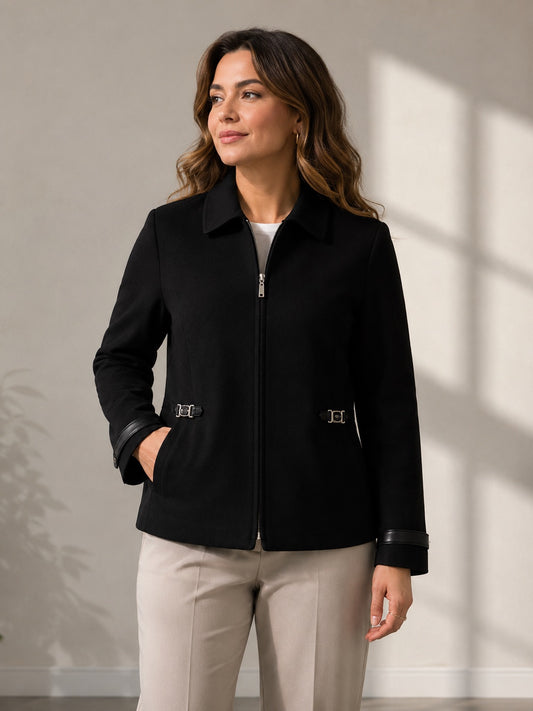 Chaqueta Formal Negra con Cierre y Detalles en Cuero – Talla 44