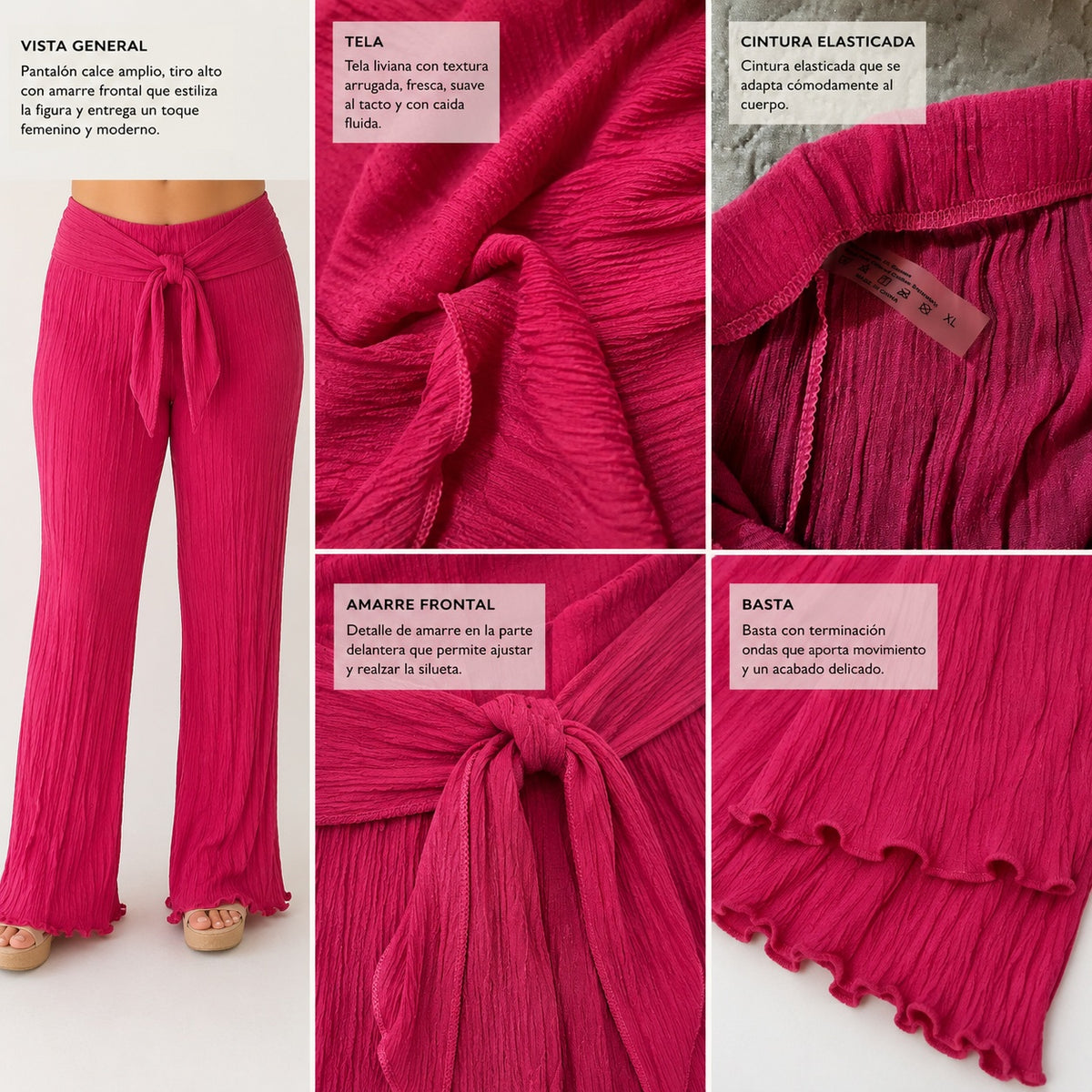 💗 Pantalón Palazzo Fucsia con Amarre Frontal – Talla XL