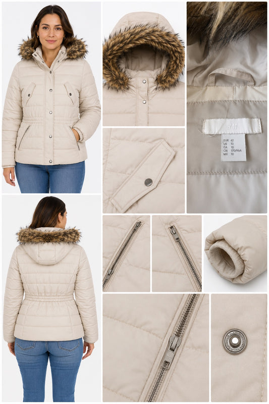 🤍 Parka H&M Crema con Capucha y Pelo