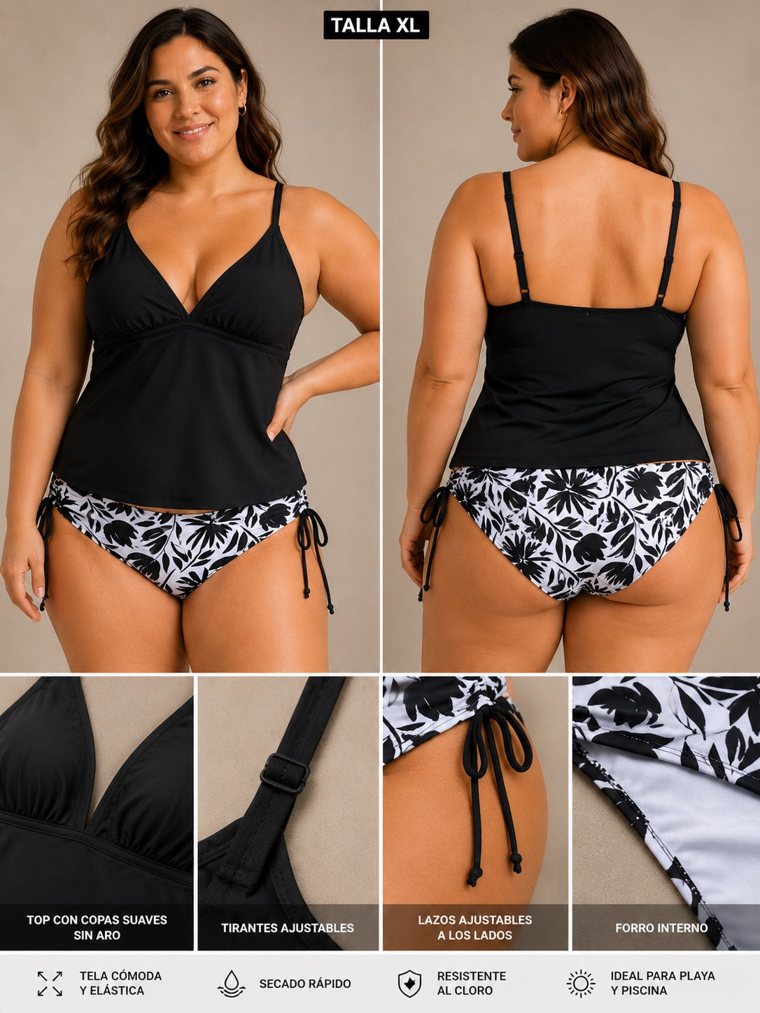 Traje de Baño Dos Piezas Negro y Estampado – Talla L