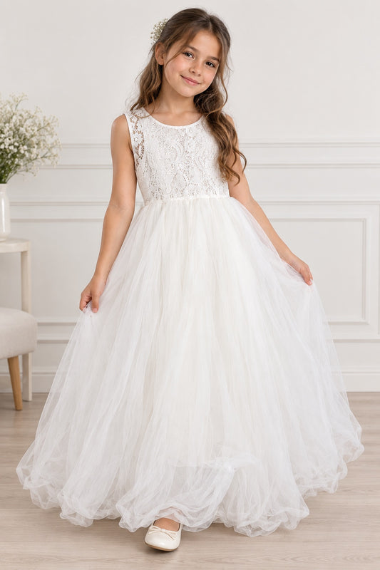 🤍 Vestido de niña blanco con encaje y tul